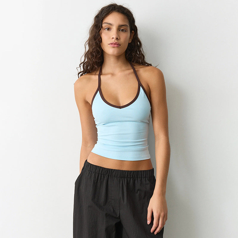 Womens Halter Neck Color Block Tank Top