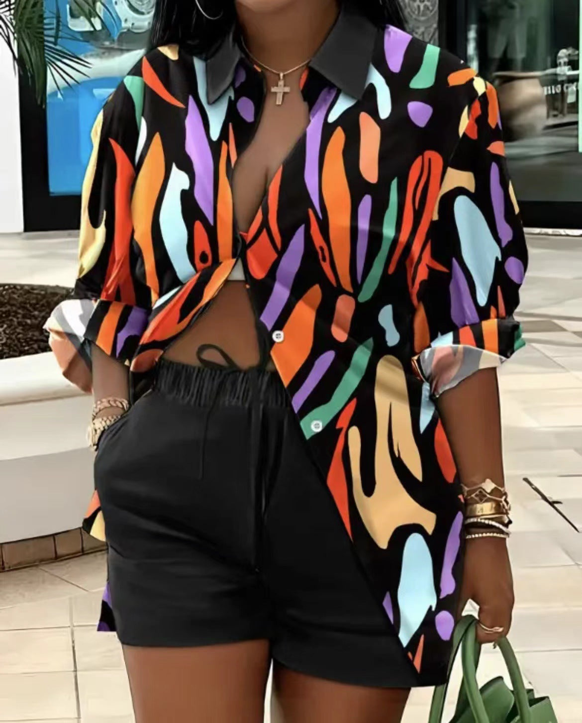 Printed Long Sleeve Top and Shorts Two-Piece Set