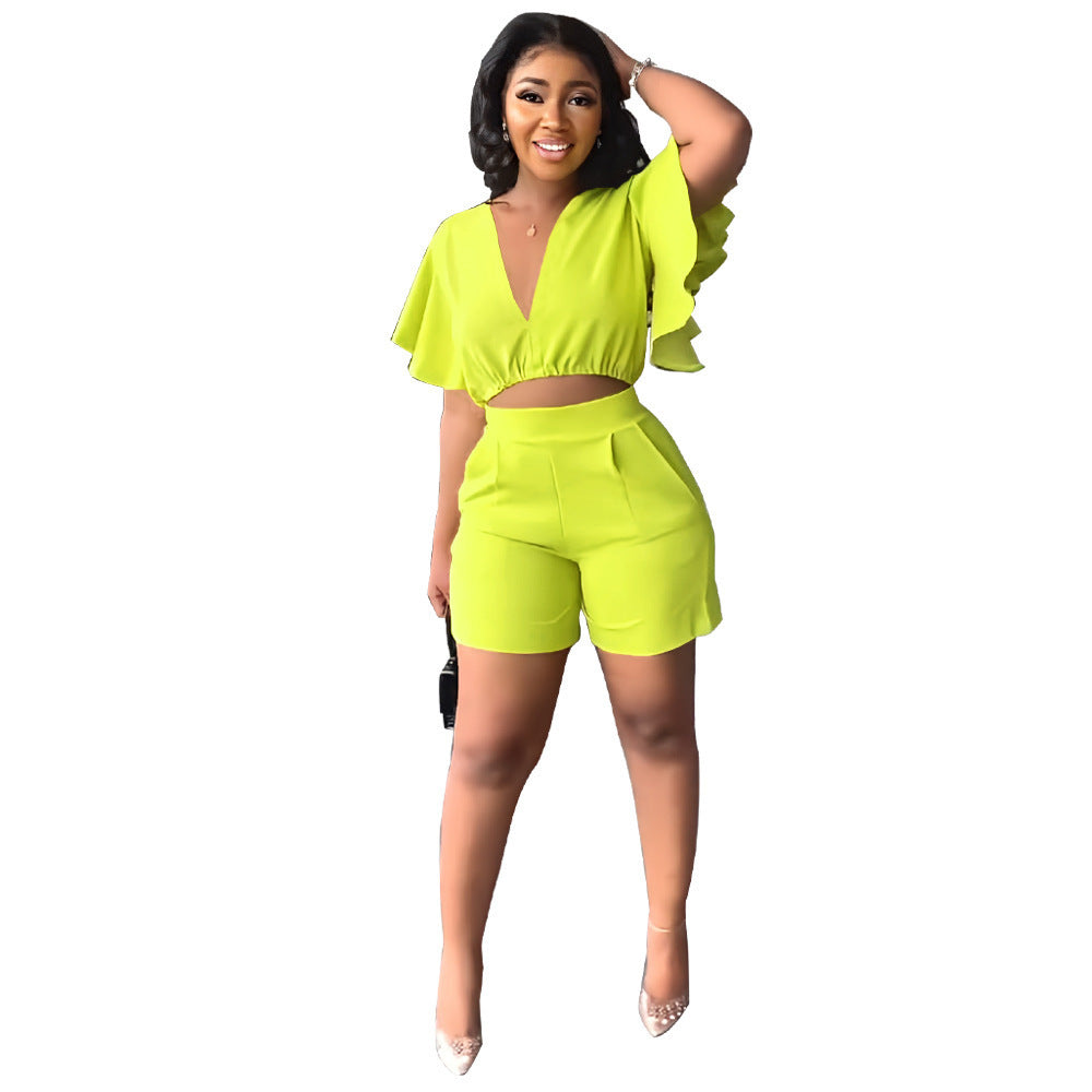 V-Neck Top and Casual Shorts Set