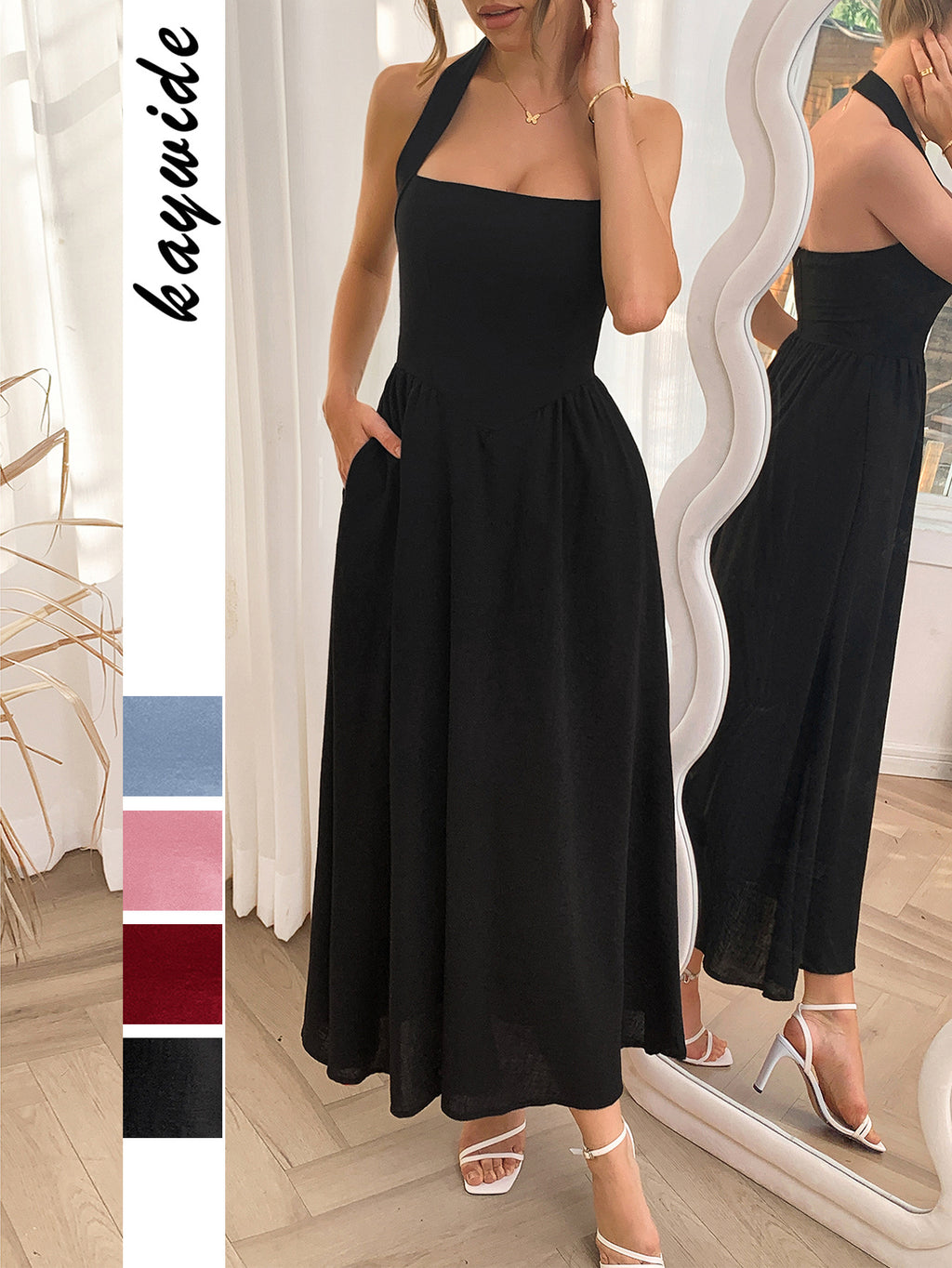 Halter Neck Waist Cinching Long Dress