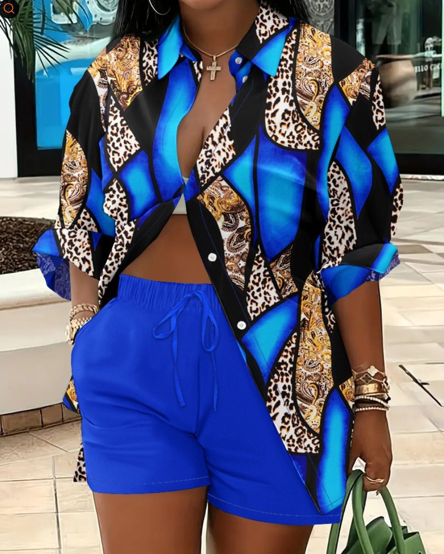 Printed Long Sleeve Top and Shorts Two-Piece Set