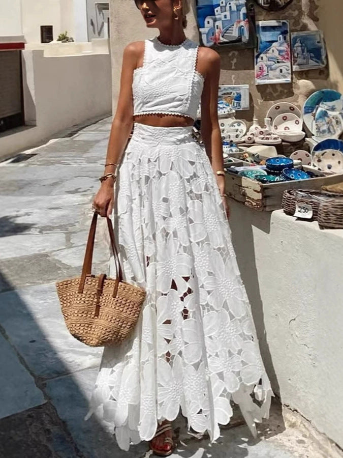 Lace Hollow-Out Tank Top and Skirt Set