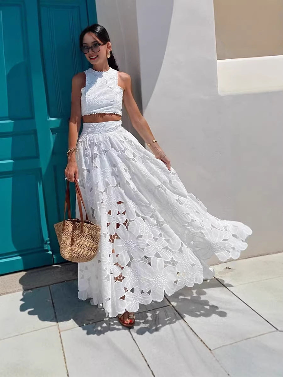 Lace Hollow-Out Tank Top and Skirt Set