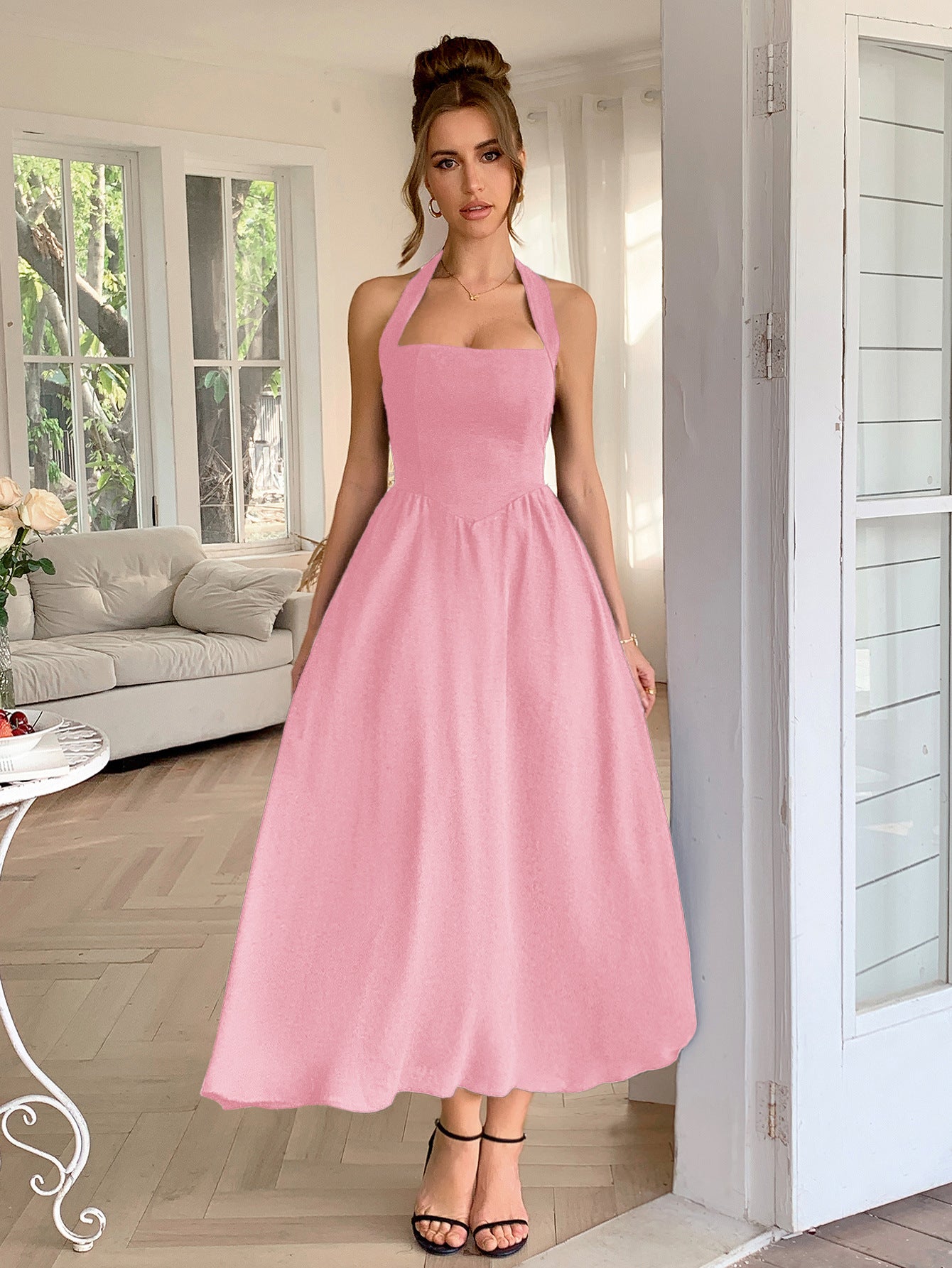 Halter Neck Waist Cinching Long Dress