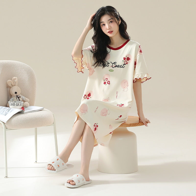 Women's Cotton Antibacterial Summer Nightgown, Cute Cartoon Sleepwear, Sizes M-4XL