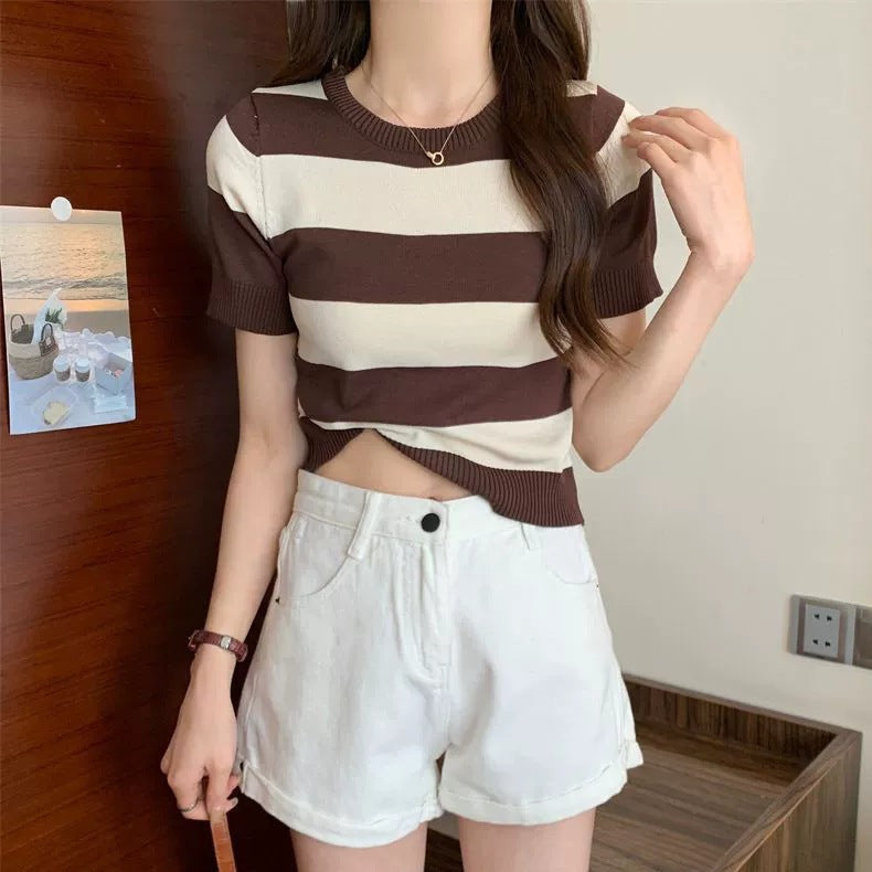Korean Striped Short Sleeve Knit Top