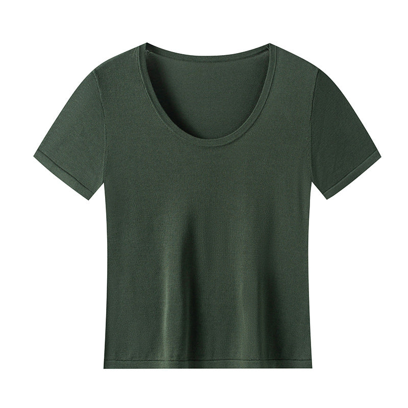 Bare-feel U-neck short sleeve top with natural shoulder line