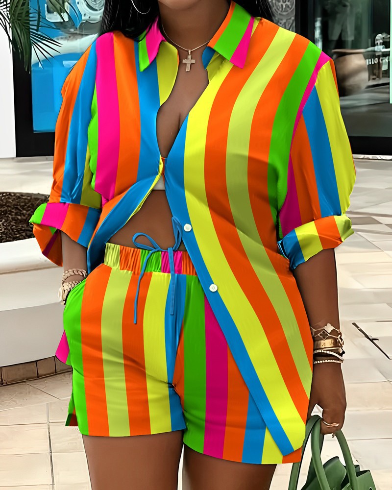Printed Long Sleeve Top and Shorts Two-Piece Set