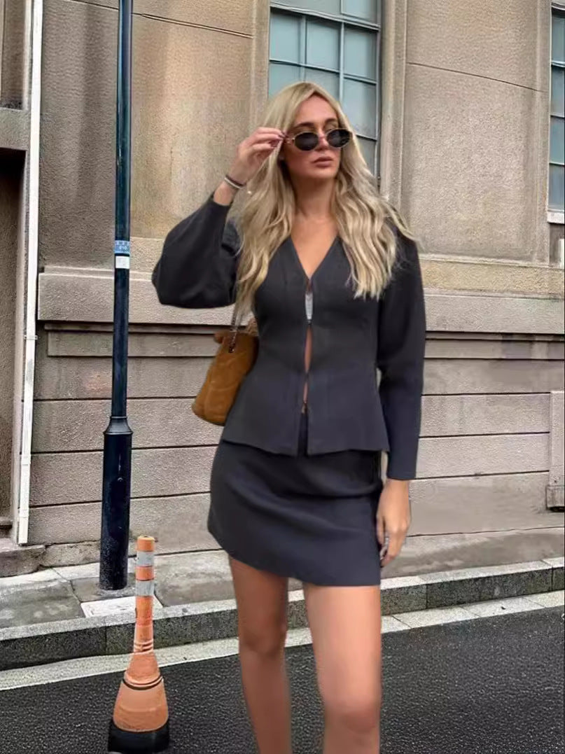 Solid Color Zipper Shirt Top and Half Hip Dress Set