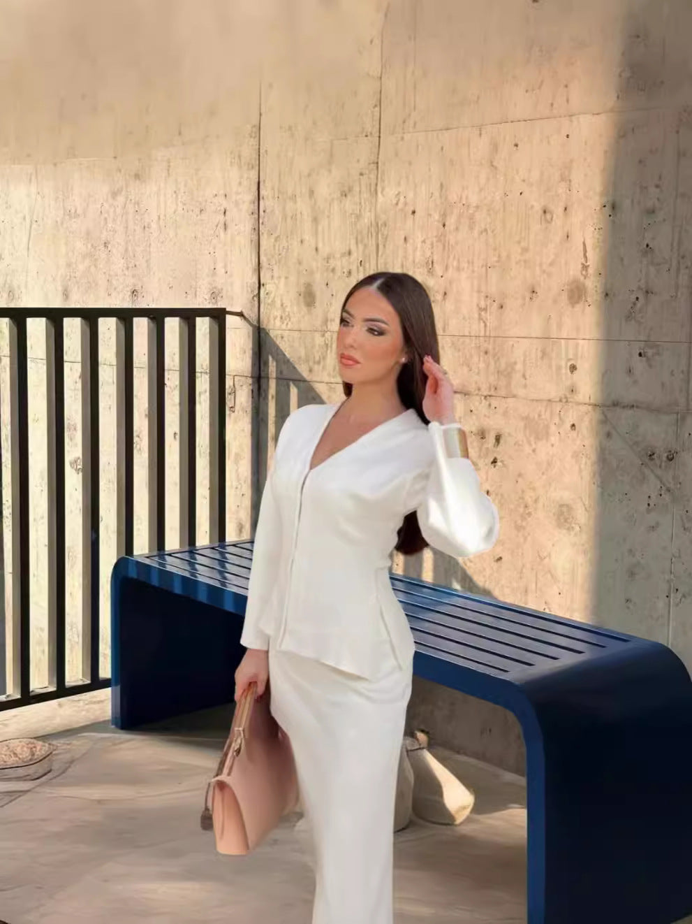 Solid Color Zipper Shirt Top and Half Hip Dress Set