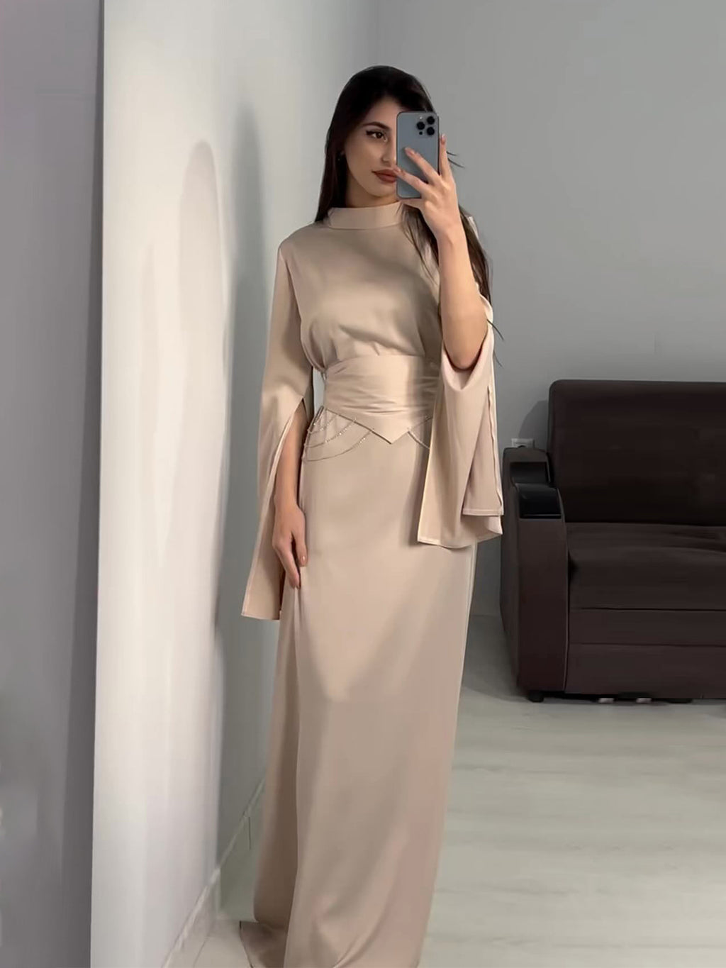 Long-Sleeve Half-High Collar Waist-Cinching Dress