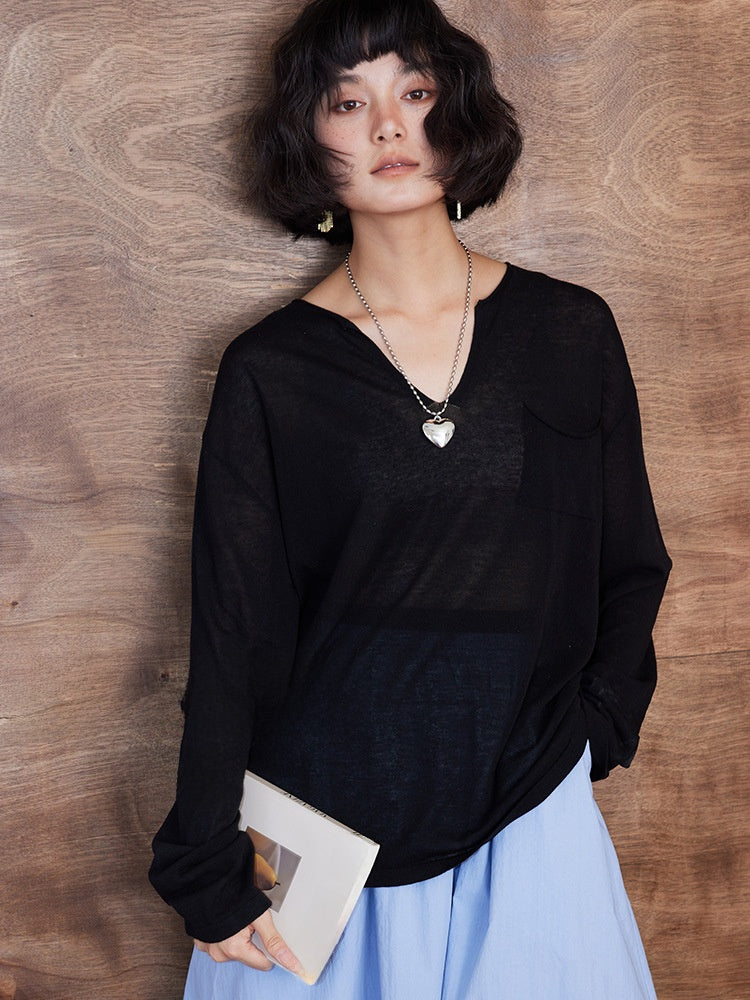Tencel Linen Blend V-Neck Long Sleeve Top