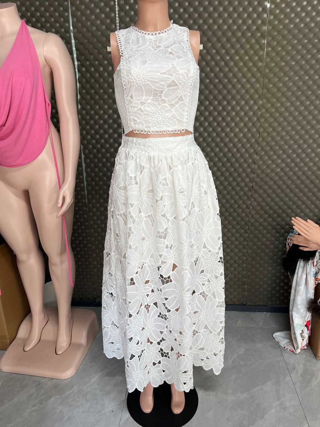 Lace Hollow-Out Tank Top and Skirt Set