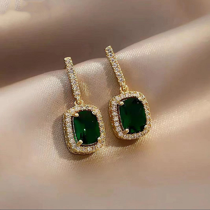 Geometric Green Rhinestone Silver Earrings