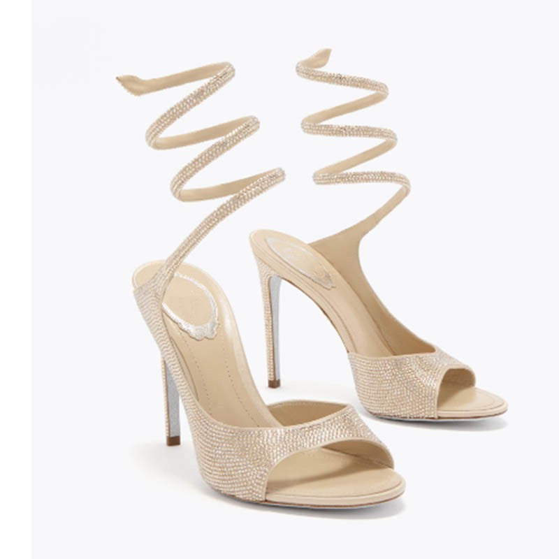 Side Hollow Rhinestone Stiletto Sandals for Women