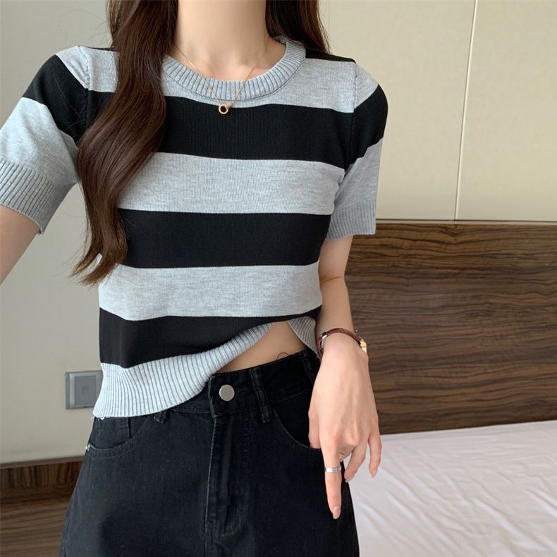 Korean Striped Short Sleeve Knit Top