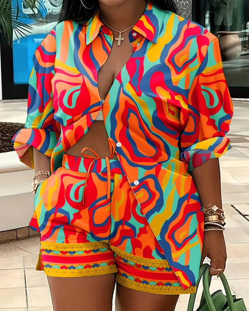 Printed Long Sleeve Top and Shorts Two-Piece Set