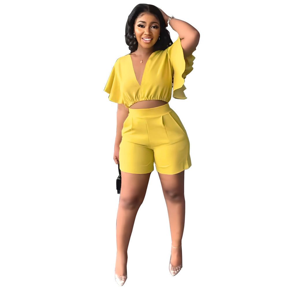 V-Neck Top and Casual Shorts Set