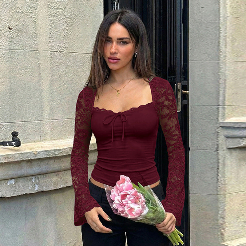 Lace Splicing See Through Long Sleeve Top