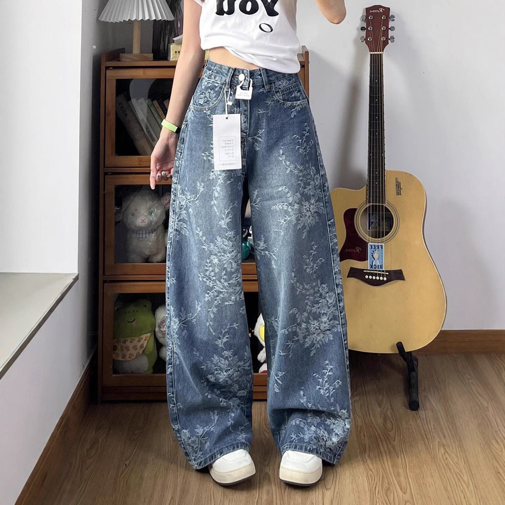Jacquard Wide-Leg Denim Pants for Women