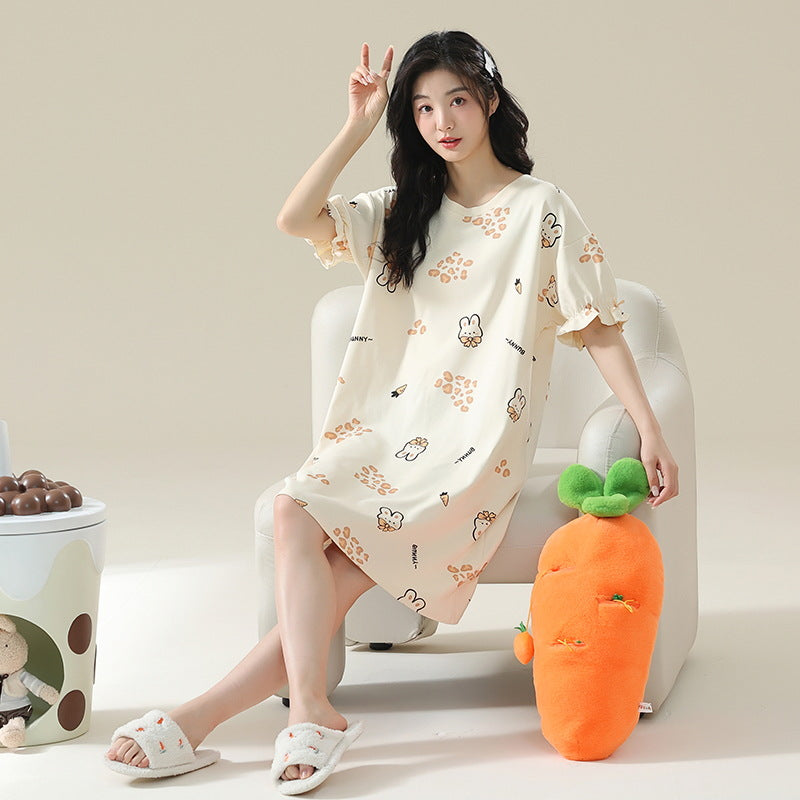 Women's Cotton Antibacterial Summer Nightgown, Cute Cartoon Sleepwear, Sizes M-4XL
