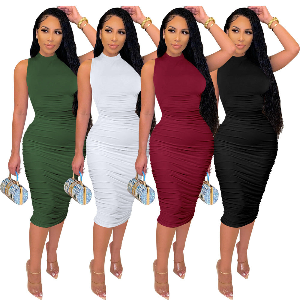 Womens Half Turtleneck Sleeveless Pleated Dress