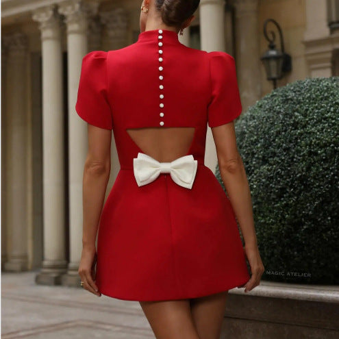 Half-neck high-waisted bow tie short dress