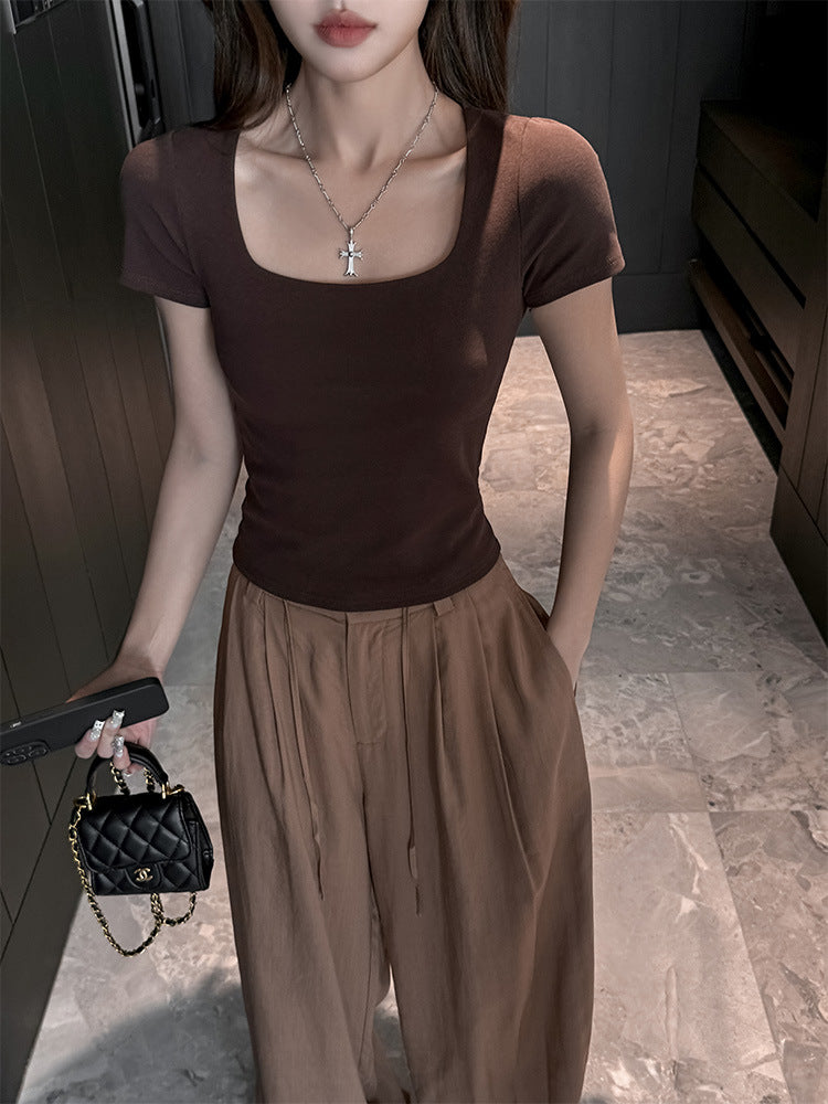Square Collar Pure Cotton Short Sleeve Top