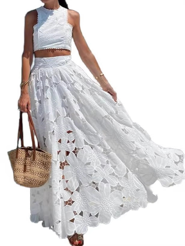 Lace Hollow-Out Tank Top and Skirt Set