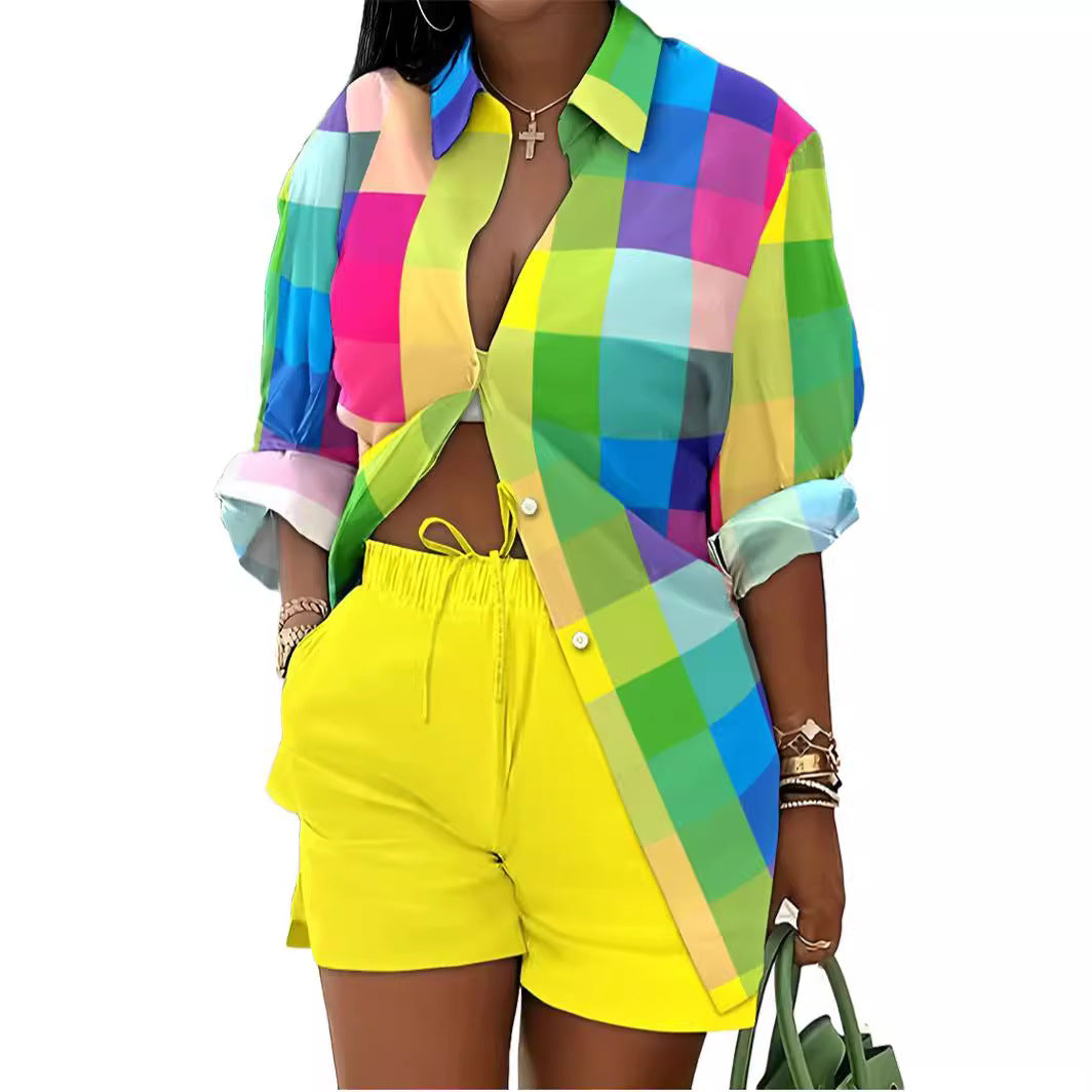 Printed Long Sleeve Top and Shorts Two-Piece Set