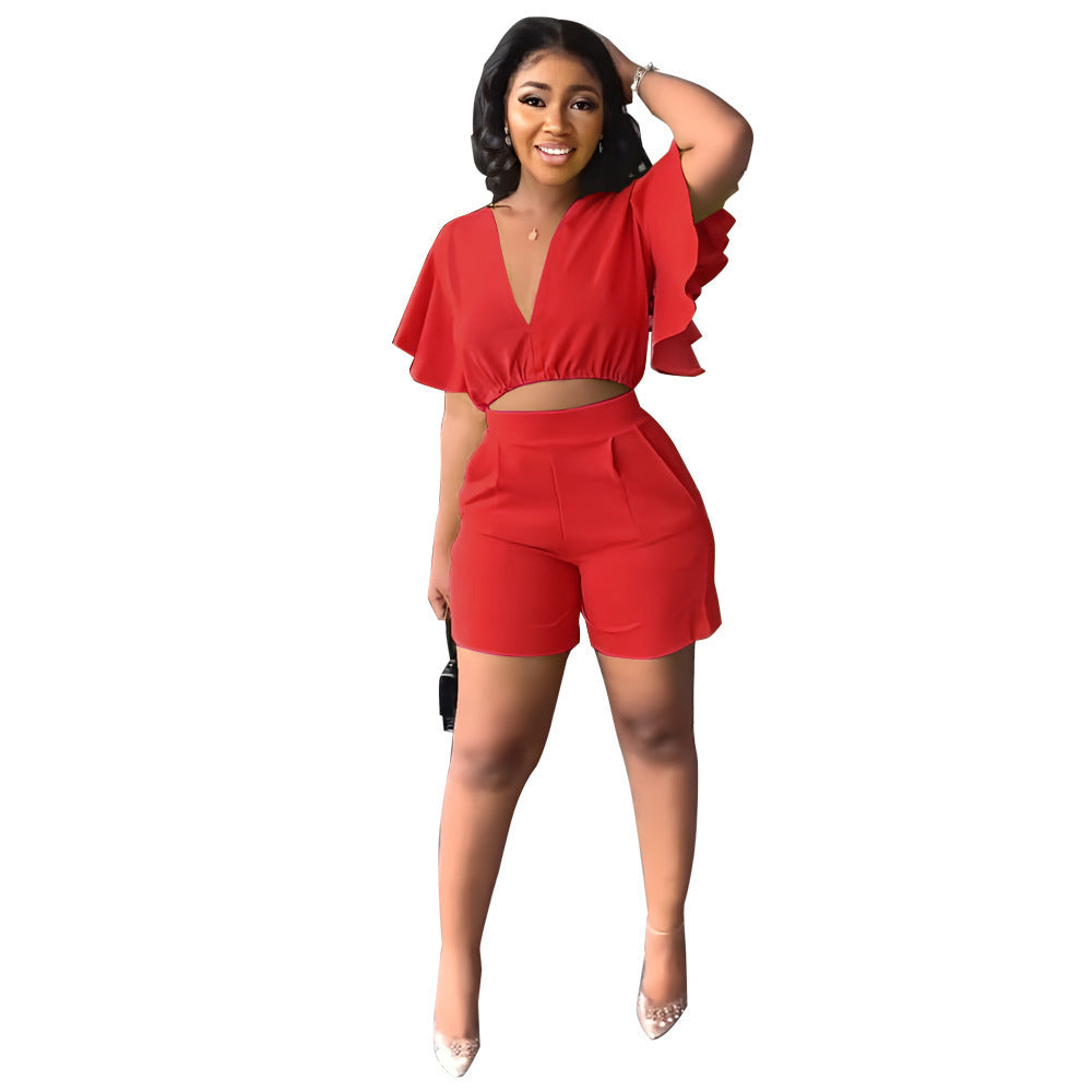V-Neck Top and Casual Shorts Set
