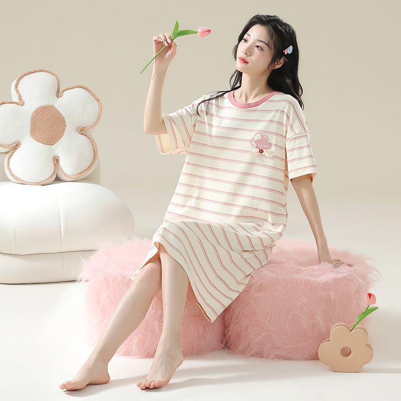 Women's Cotton Antibacterial Summer Nightgown, Cute Cartoon Sleepwear, Sizes M-4XL